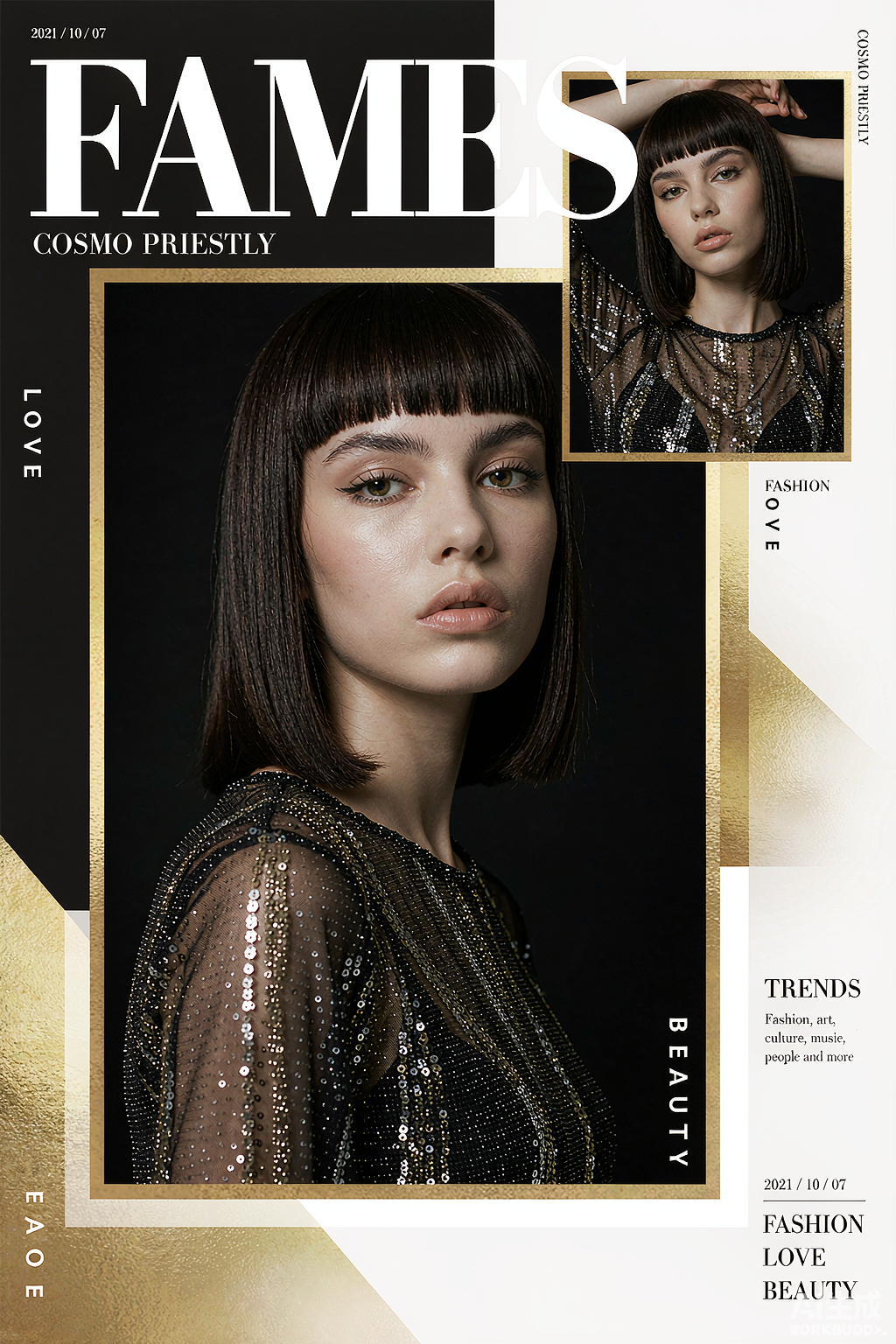 Luxurious magazine-style collage featuring a fashionable girl, bold — AI photo prompt example