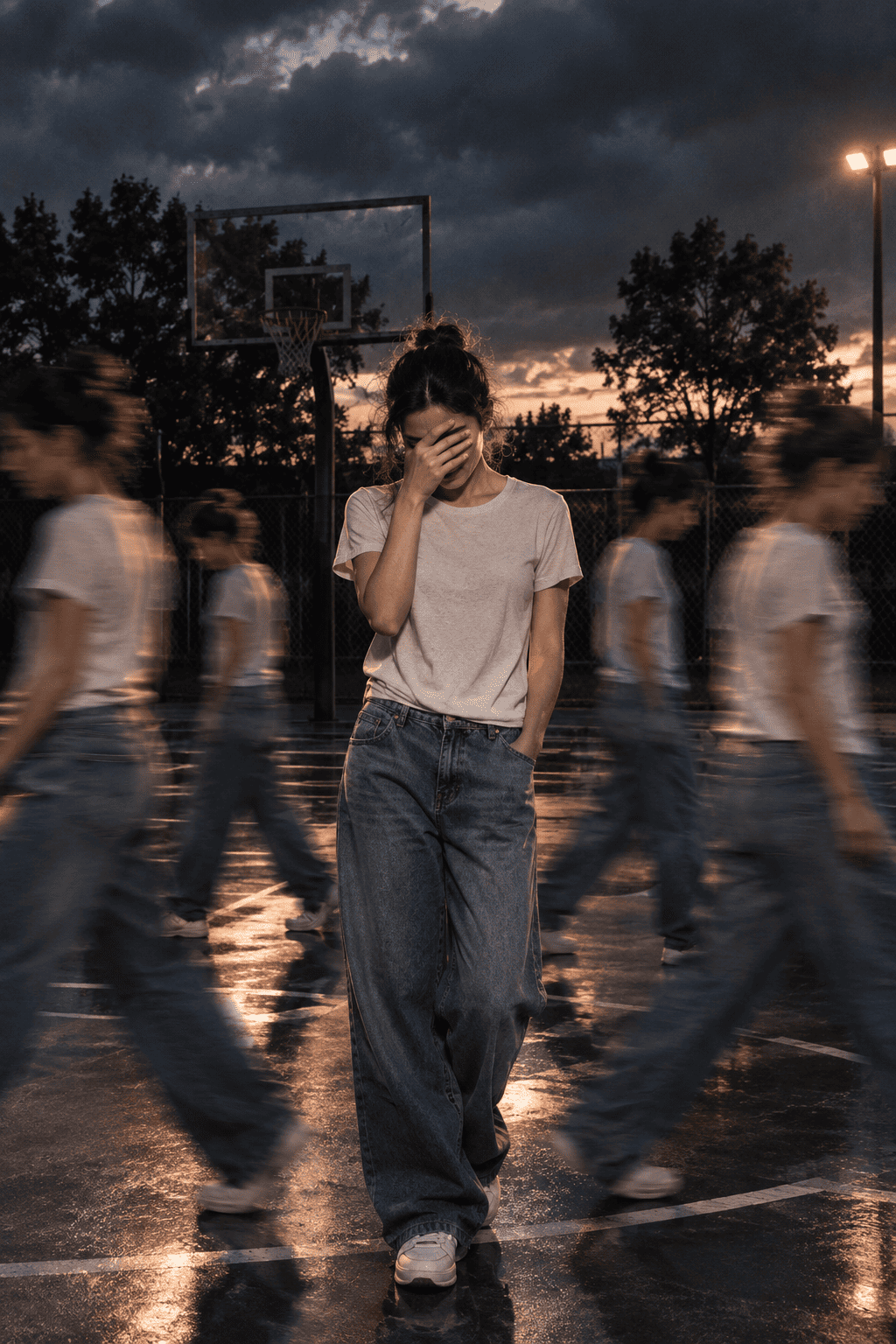 Cinematic streetwear photoshoot of a teenage standing on an outdoor AI photo prompt example