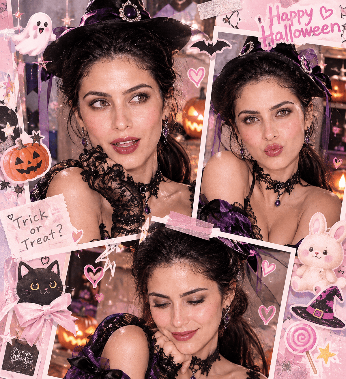 Dreamy multi-frame pastel pink Halloween aesthetic collage AI photo prompt example