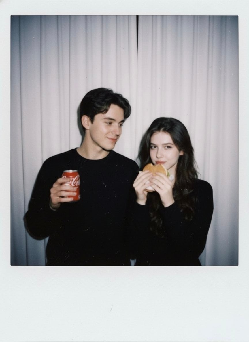 Polaroid-style candid photography Polaroid instant camera ordinary snapshot flash-lit dark room glow light scattering AI photo prompt example