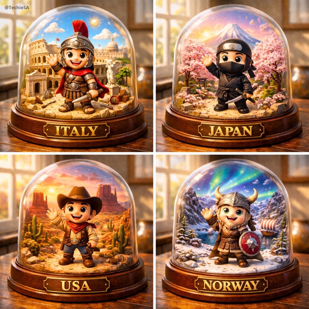 Miniature diorama inside a glass dome, placed on a wooden table AI photo prompt example