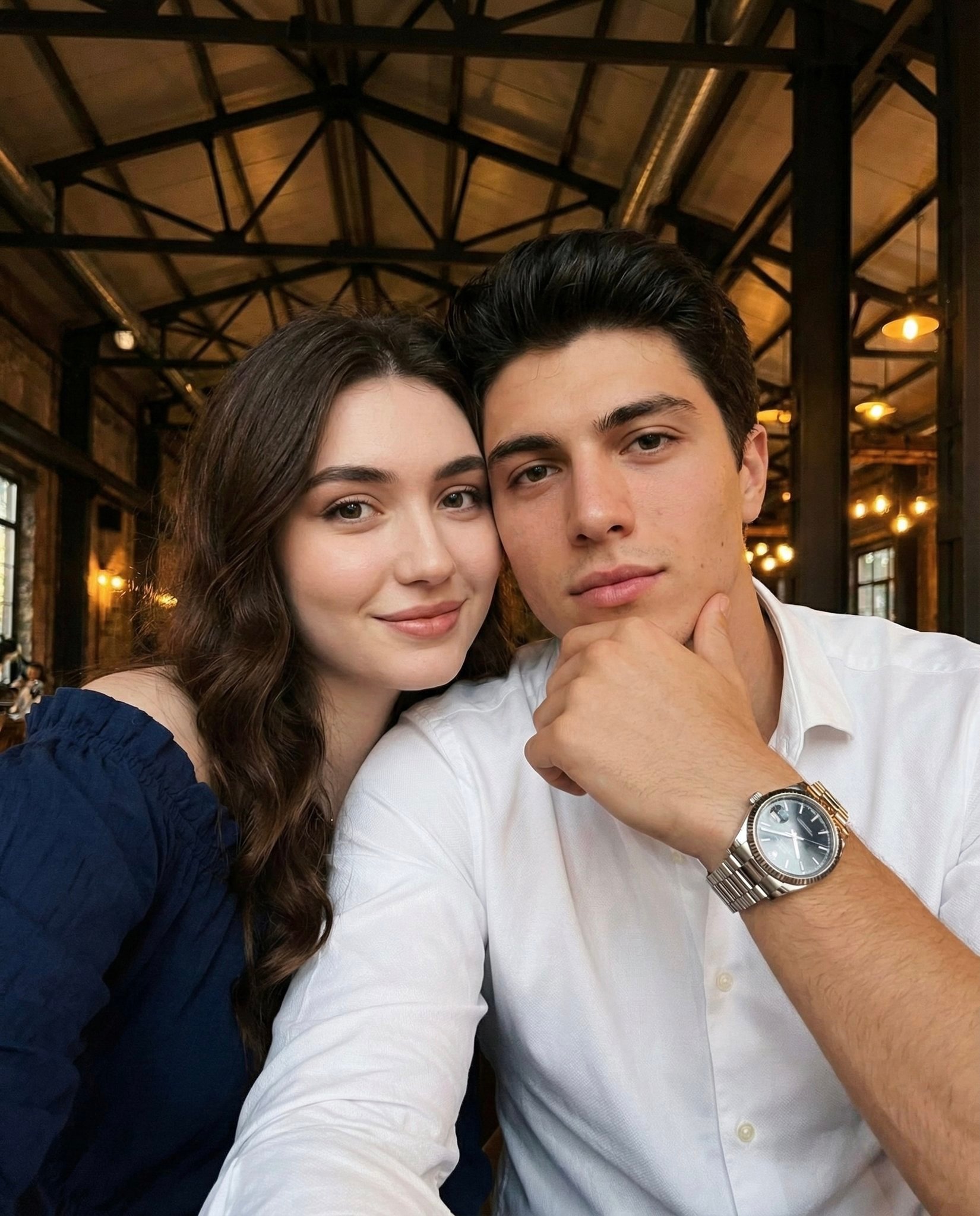 indoor close-up lifestyle selfie indoor public venue industrial casual exposed ceiling beams ceiling structure soft AI photo prompt example