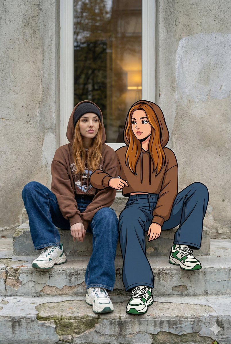 Transform the uploaded image into an ultra-high-resolution mixed-reality street portrait. A young woman (same face as th AI photo prompt example