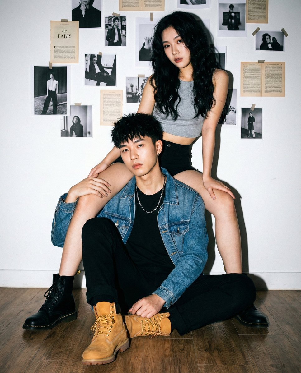 Young Asian couple, cool/edgy fashion models. AI photo prompt example