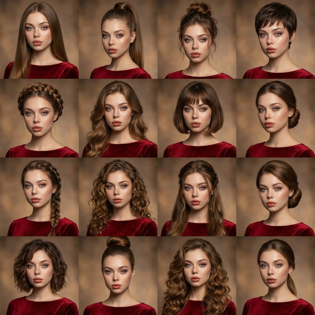 Photo collage featuring the same person with identical facial — AI photo prompt example
