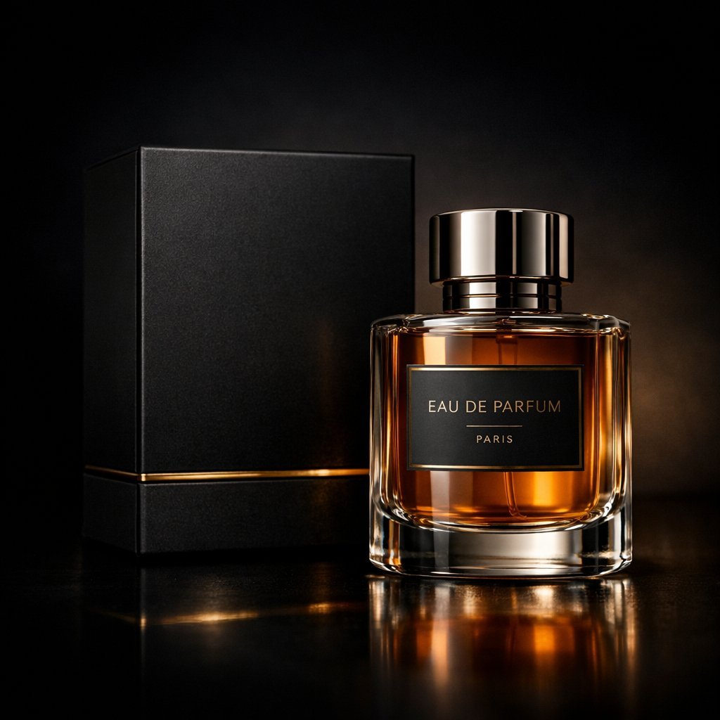 Luxury perfume product photography in a dark cinematic studio AI photo prompt example