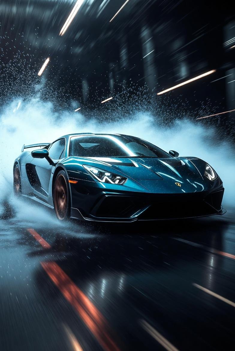 Hyper-realistic cinematic product photograph of a luxury sports car front three-quarter view, glossy paint reflecting sh AI photo prompt example