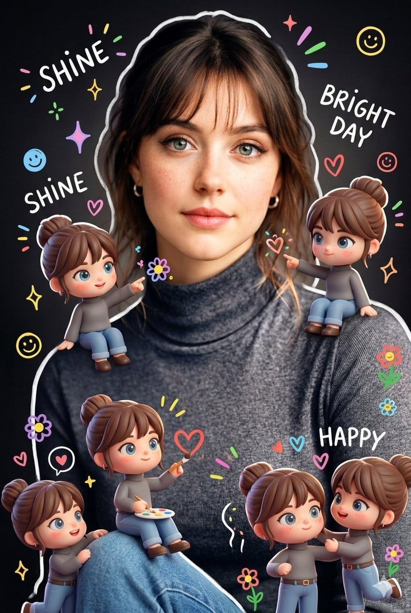 Surrounding the realistic main subject are multiple cute, 3D-style chibi miniatures of the same person, with identical f AI photo prompt example