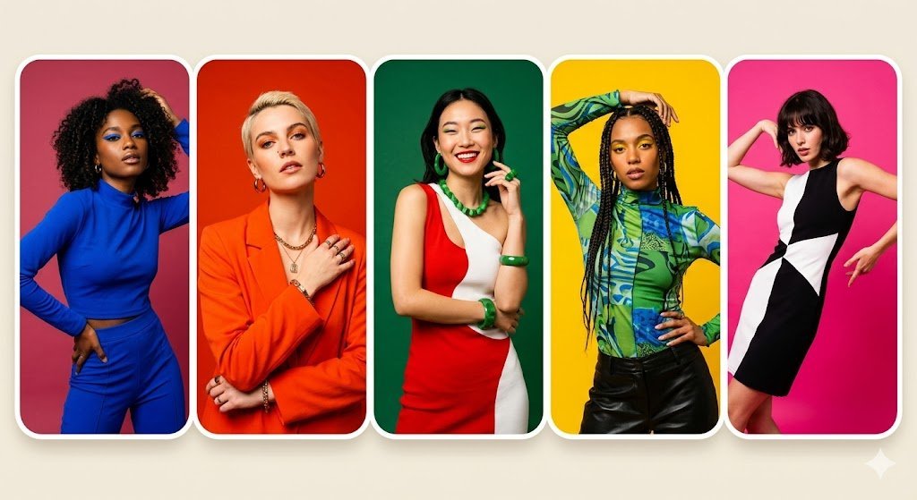 5 panel colorful portrait collage, fashion models, monochrome backgrounds (pink, red, green, yellow), vibrant studio lig AI photo prompt example