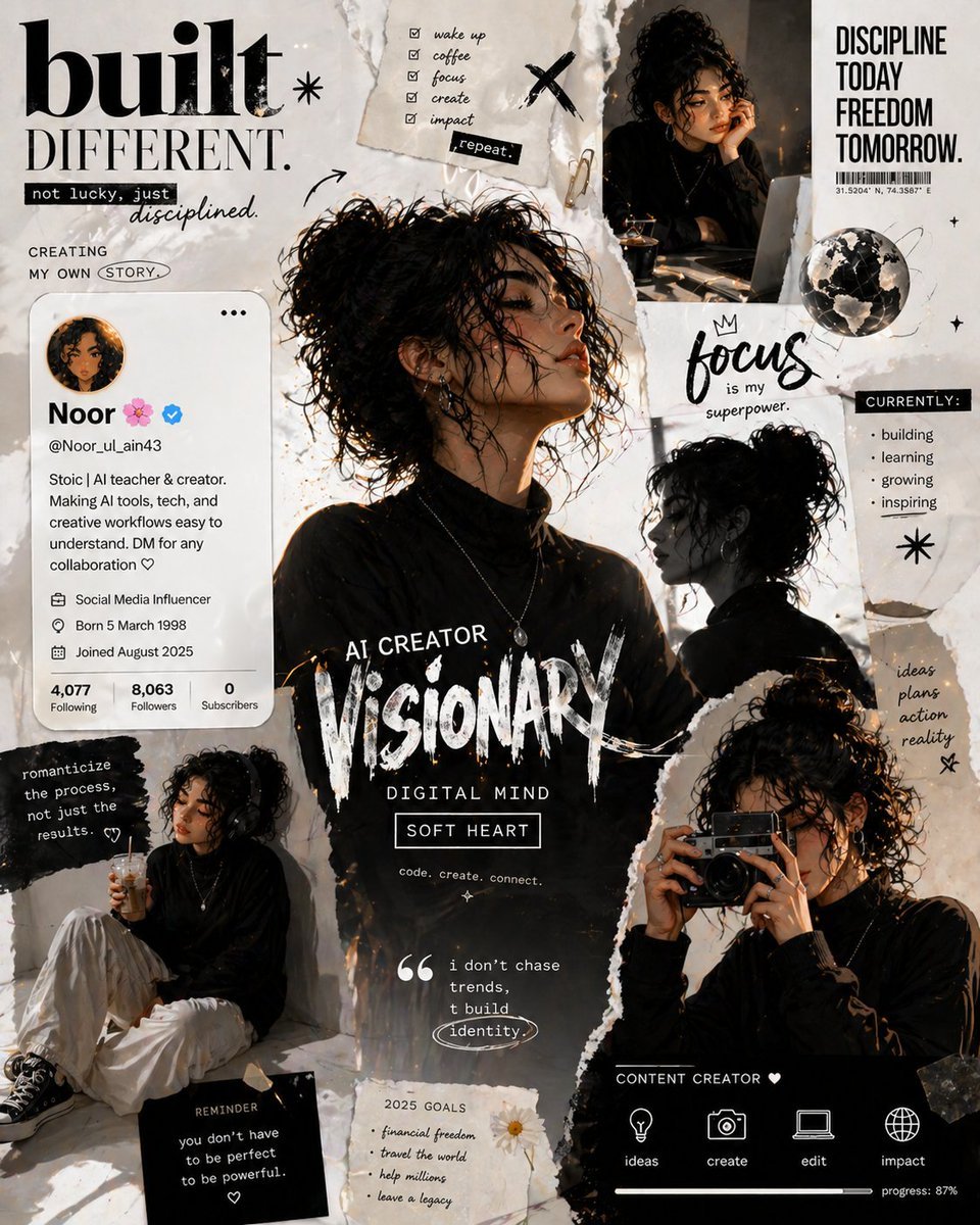 A bold, editorial-style digital collage in a monochrome white and beige theme with subtle warm highlights. A young woman AI photo prompt example