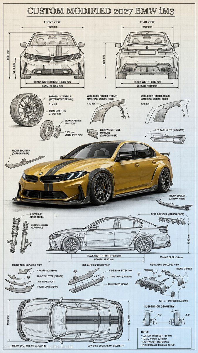 Highly detailed technical blueprint sketch and realistic 3D–render fusion of a custom modified car 2027 BMW iM3. AI photo prompt example