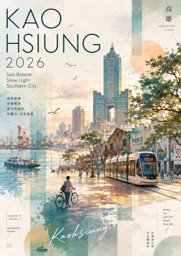 Watercolor and collage travel poster for Kaohsiung, Taiwan, vertical layout, soft pastel and warm golden hour color pale AI photo prompt example