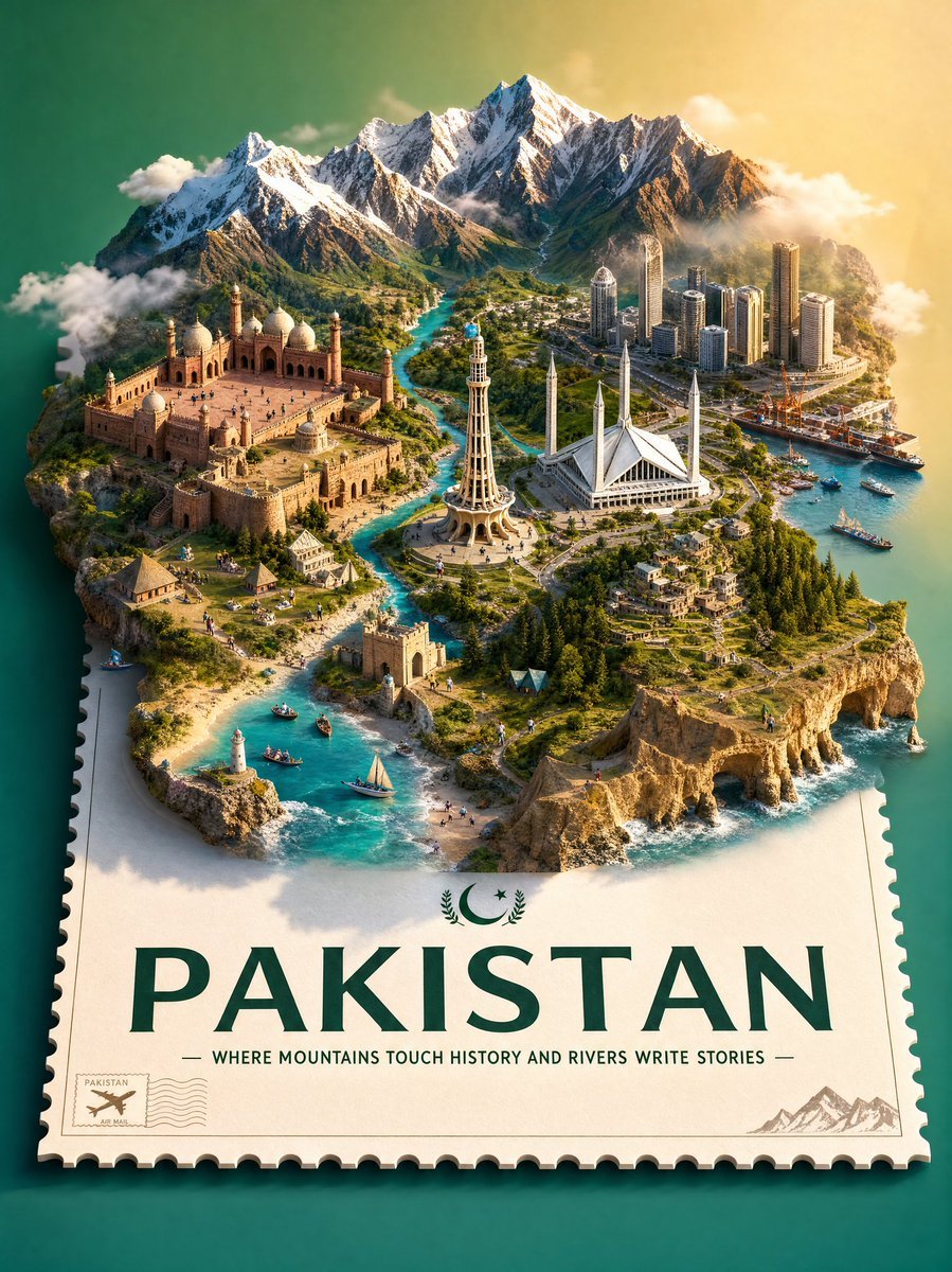 Create a premium stylized 3D isometric travel poster of Pakistan designed as a floating miniature world placed on top of AI photo prompt example