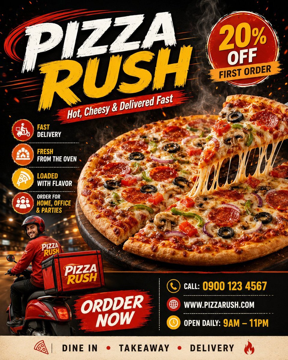Premium commercial advertising poster for a pizza delivery service AI photo prompt example
