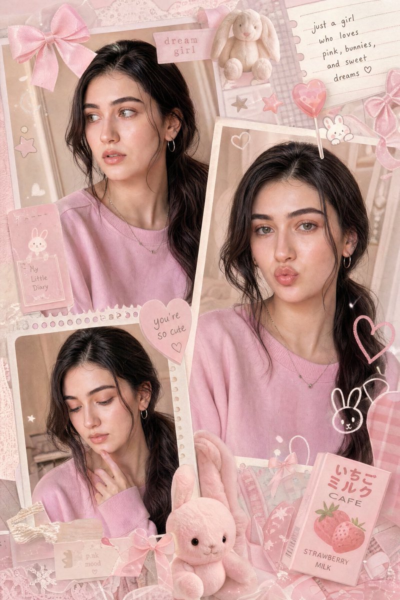 A dreamy multi-frame pastel pink aesthetic collage featuring a cute young girl with long silky black hair tied in a low AI photo prompt example