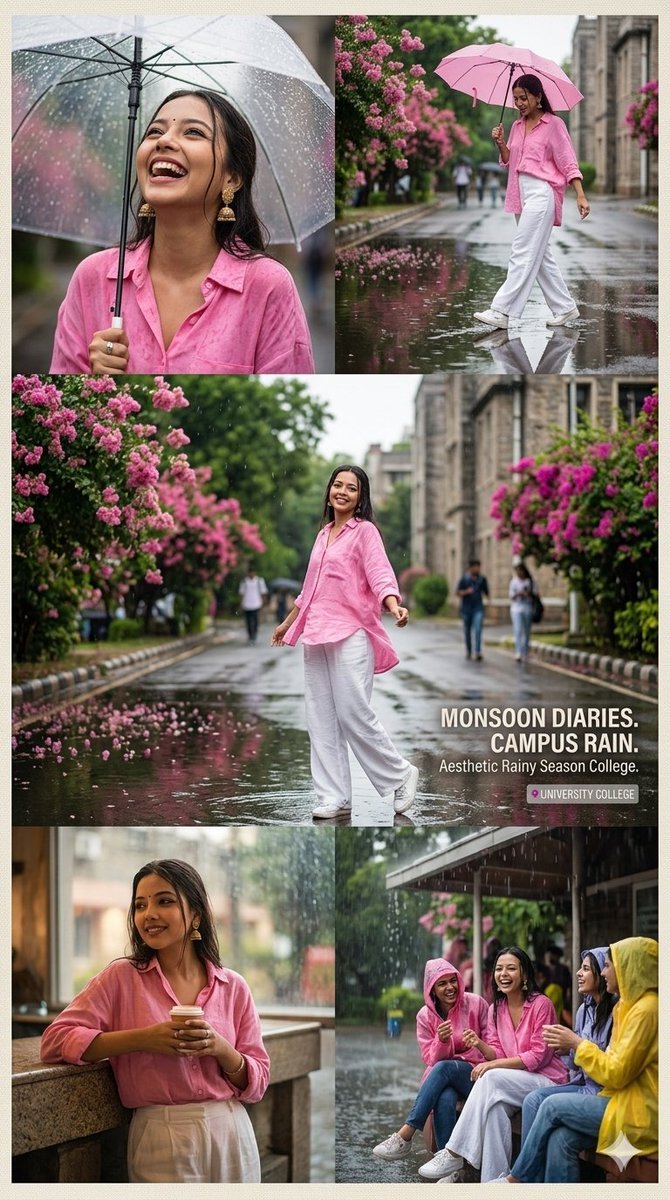 Aesthetic rainy season college portrait collage of a stylish young woman in a pink oversized shirt and white wide-leg pa AI photo prompt example