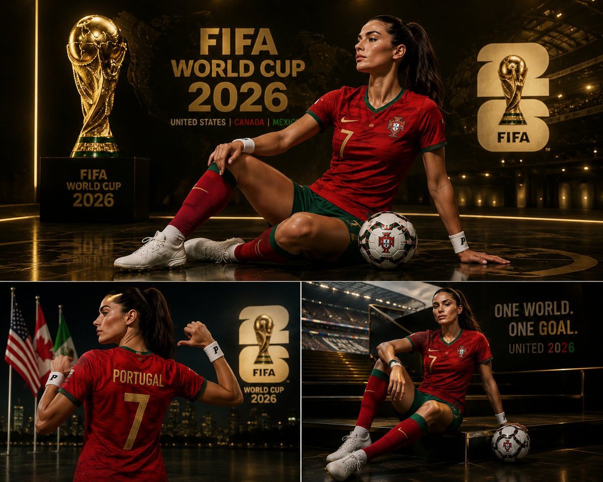 Create a premium 3-panel FIFA World Cup 2026 inspired sports poster collage featuring a confident female football suppor AI photo prompt example
