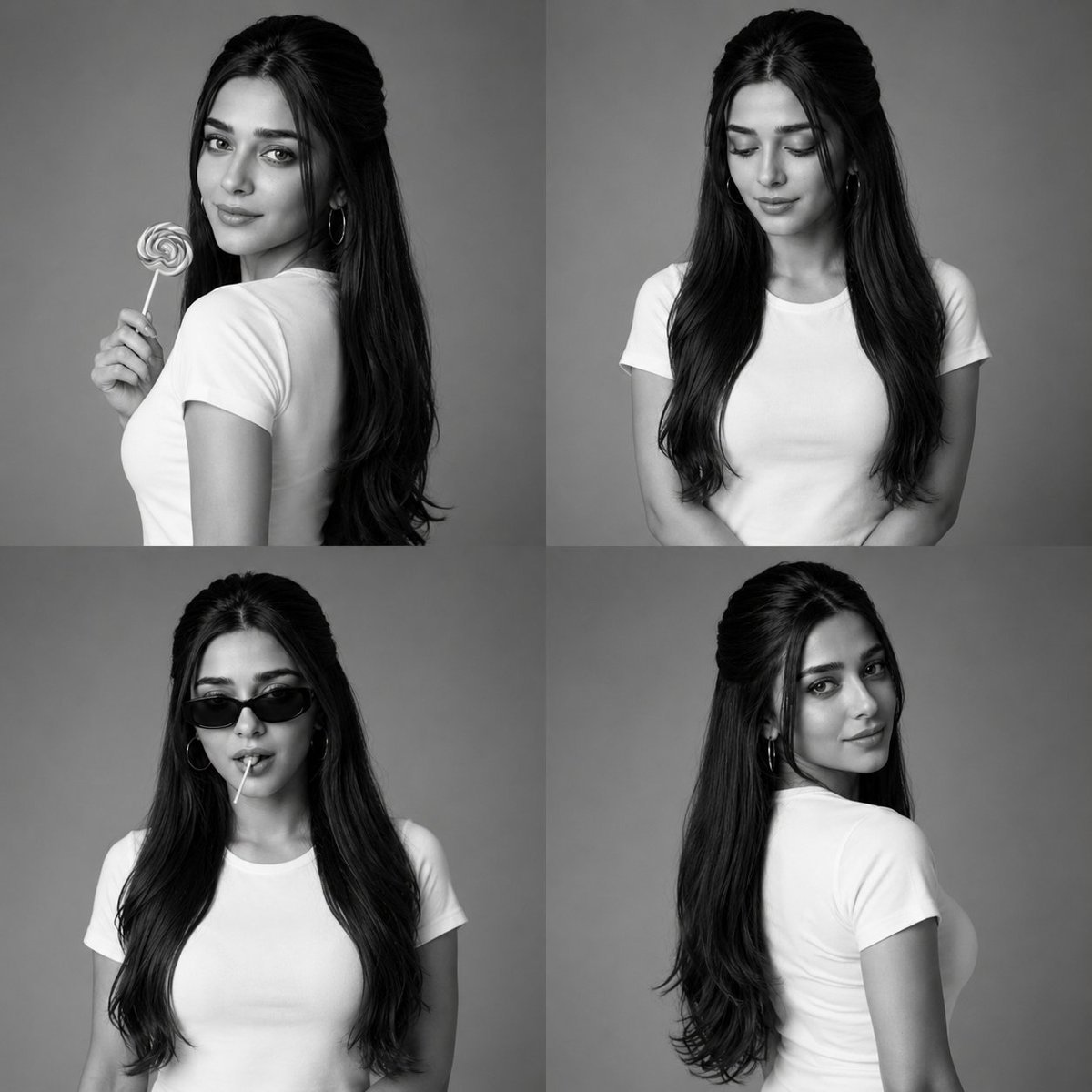 Create a luxury black-and-white fashion studio collage arranged in a clean 2×2 grid, featuring four different editorial AI photo prompt example