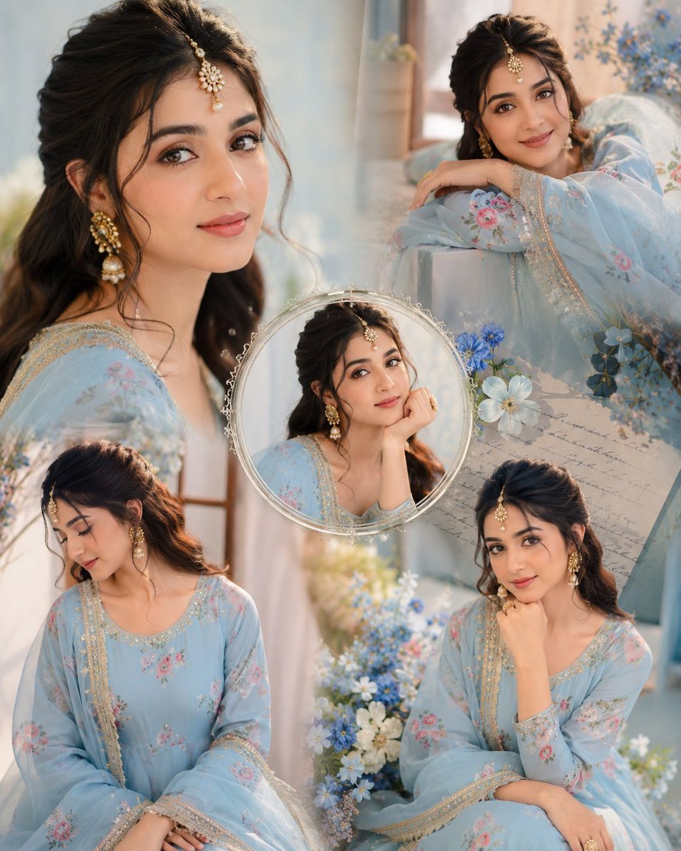 Create a dreamy aesthetic portrait collage of a beautiful young Indian girl wearing a soft pastel baby-blue floral Anark AI photo prompt example