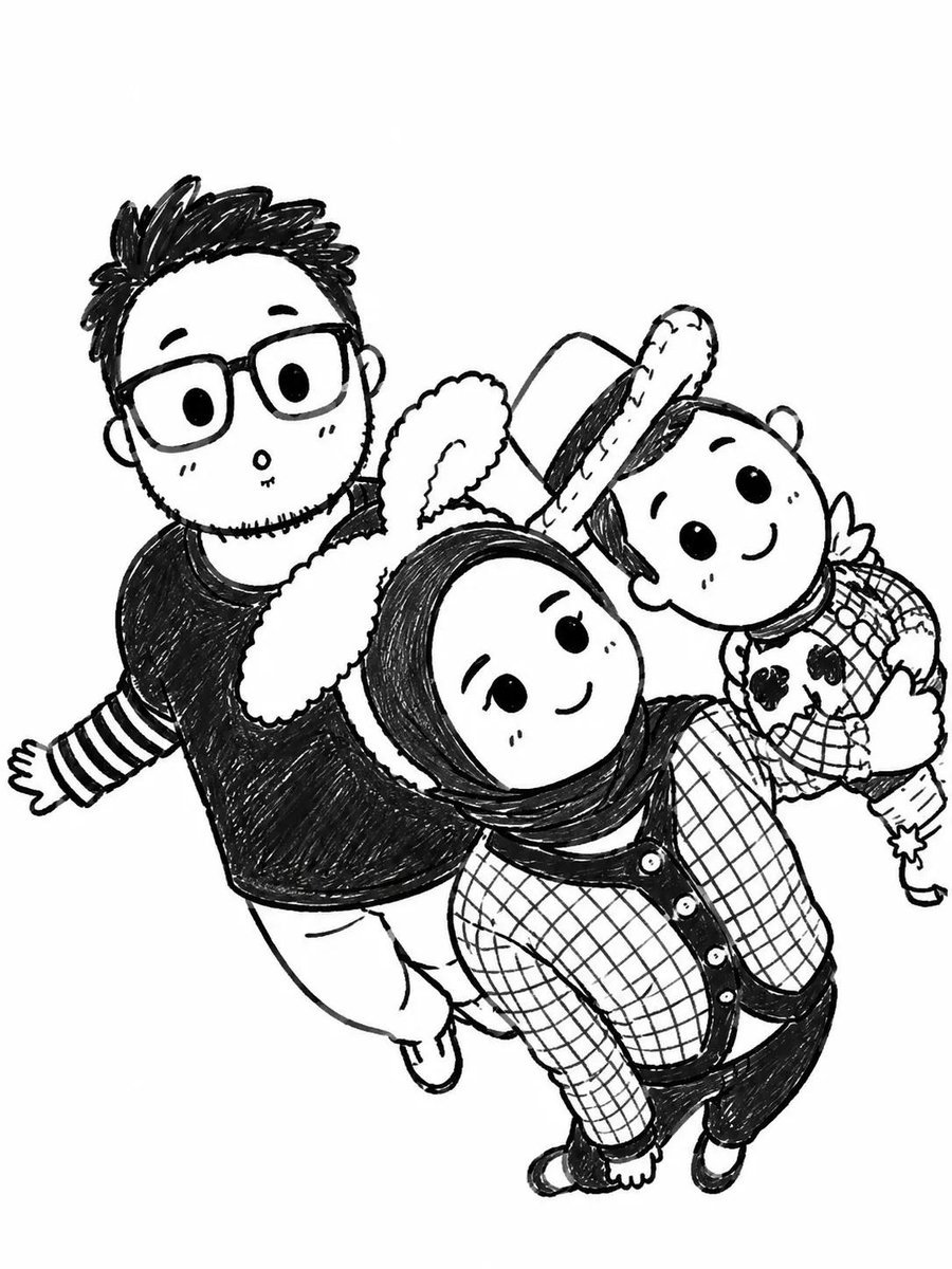Turn the uploaded photo into a cute black-and-white hand-drawn doodle illustration. Preserve the exact people, poses, ex AI photo prompt example