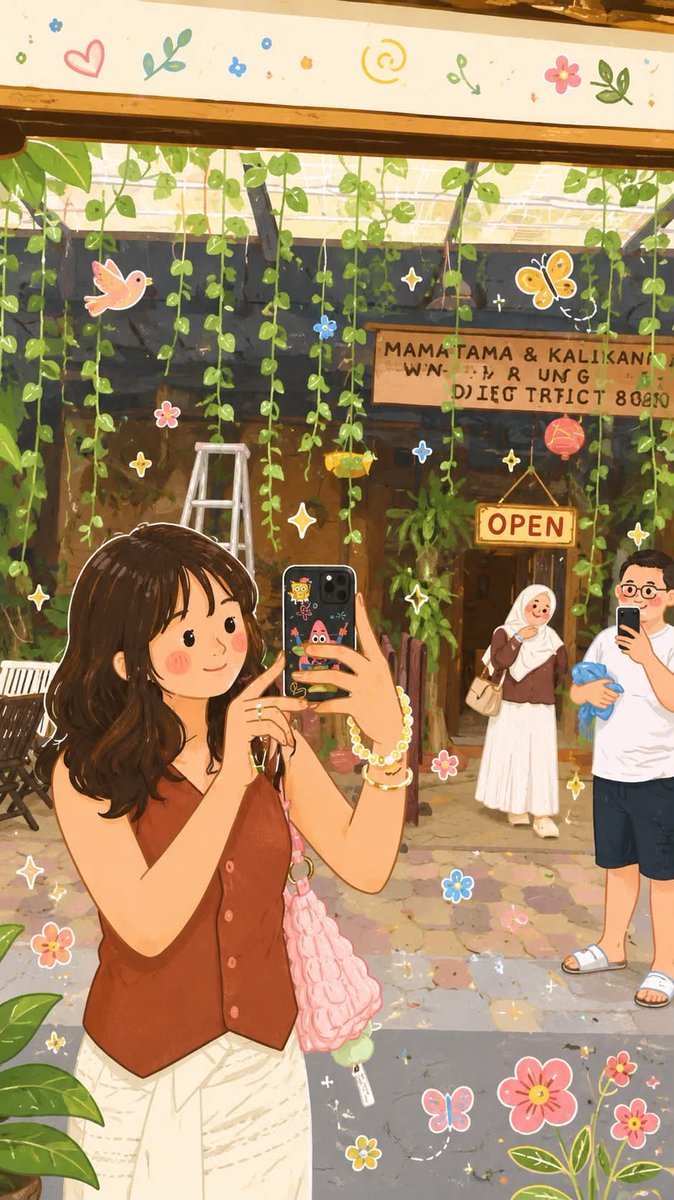 Transform the reference photo into a whimsical folk flat illustration with doodle elements. Preserve the original compos AI photo prompt example