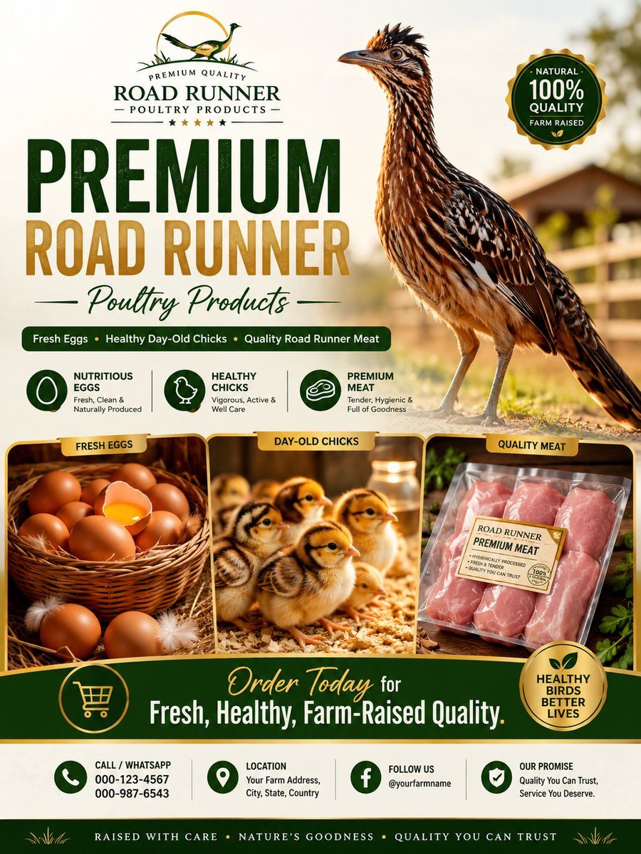 Premium, commercial advertising poster for a Road Runner poultry AI photo prompt example