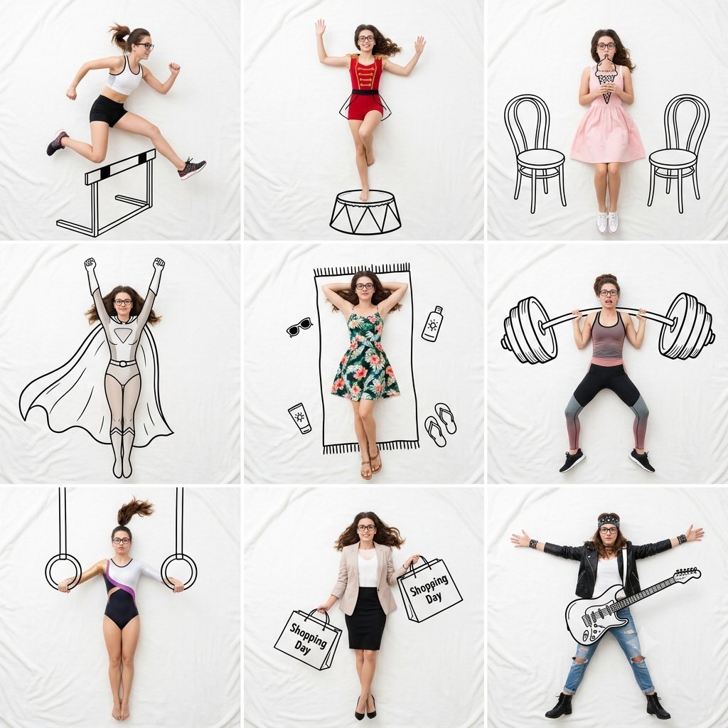 Professional 3x3 collage featuring the same beautiful young woman — AI photo prompt example