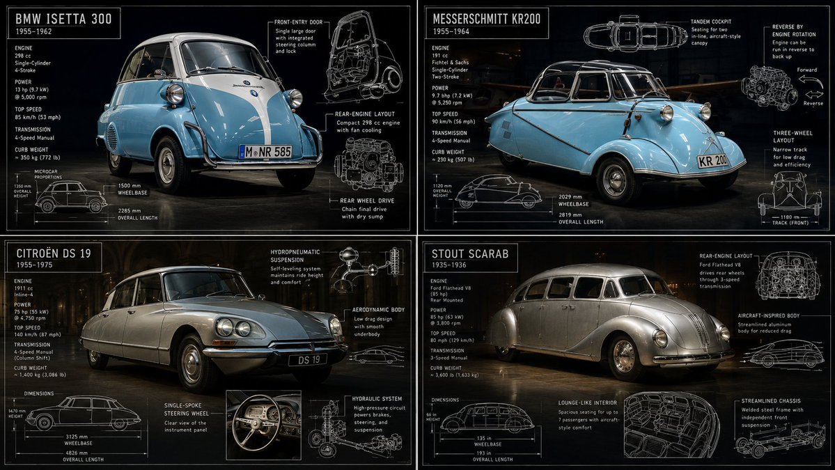 2x2 grid, 16:9 do this for 4 strange classic cars + + + + - - - = — AI photo prompt example