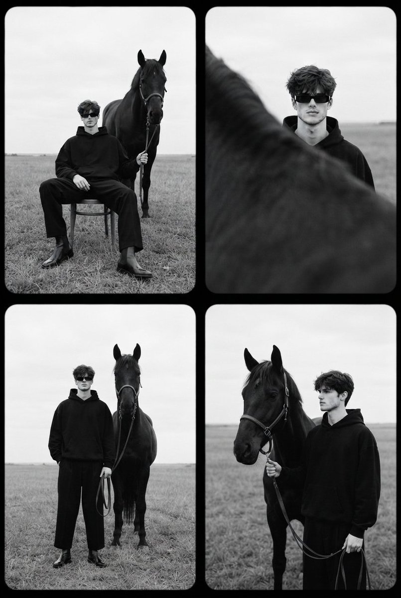 Create an ultra realistic fine art black and white editorial photo collage featuring a confident young man and a majesti AI photo prompt example