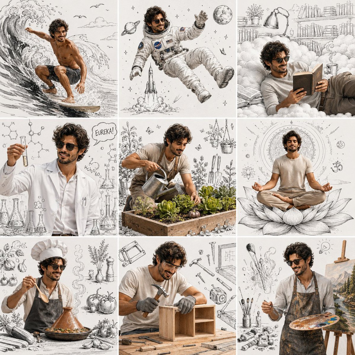 Create an ultra-realistic 3×3 editorial lifestyle collage featuring the same mature male portrayed (uploaded photo) in n AI photo prompt example