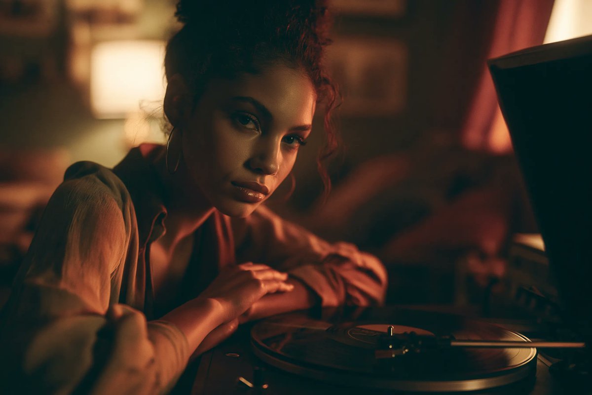 Cinematic portrait of a [Subject], [Background], soft ambient lighting, warm earthy tones, nostalgic 1970s wardrobe, ref AI photo prompt example