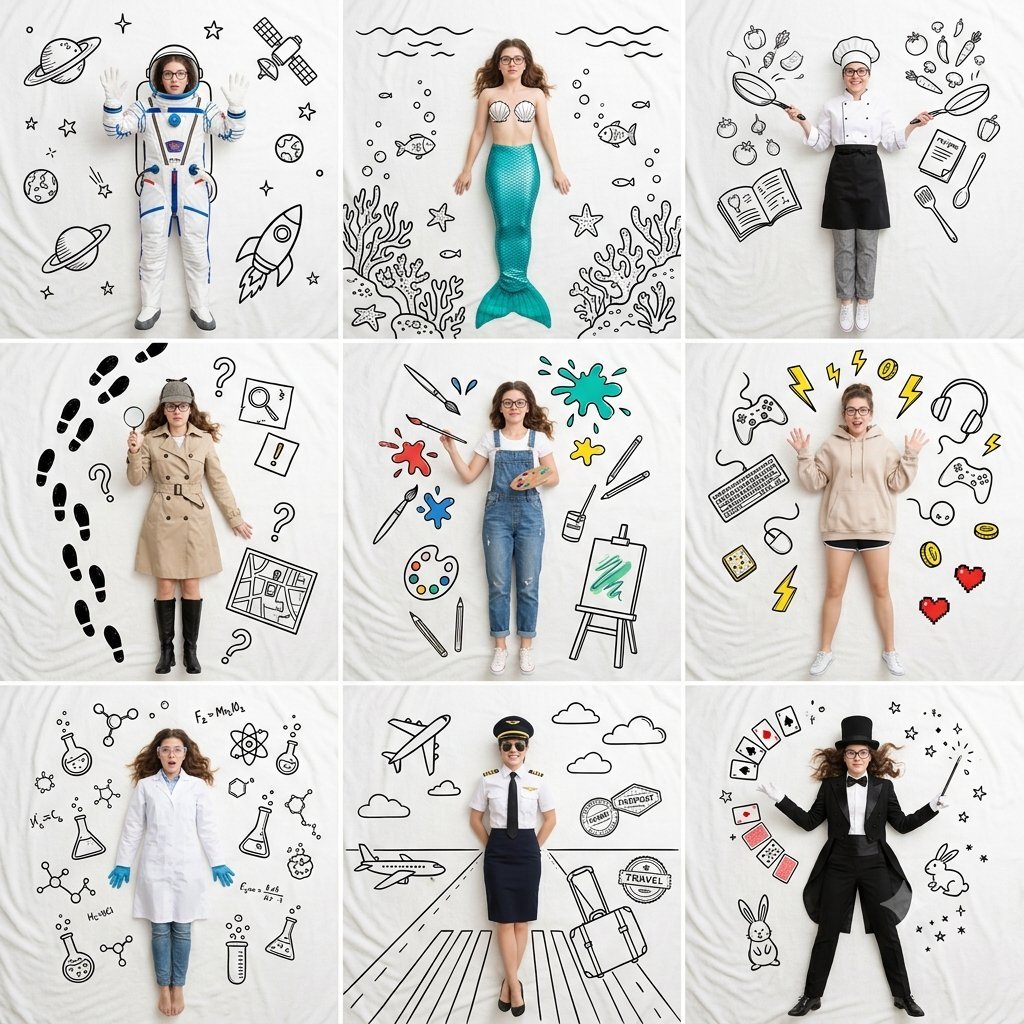 Professional 3×3 collage featuring the same beautiful young woman — AI photo prompt example