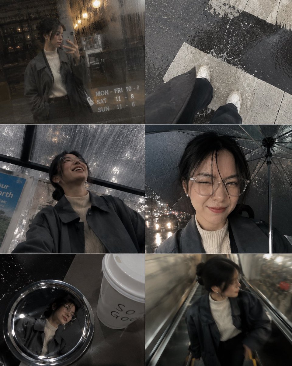 A candid photo-dump collage designed to feel like [Human]'s phone gallery from one rainy afternoon running errands downt AI photo prompt example
