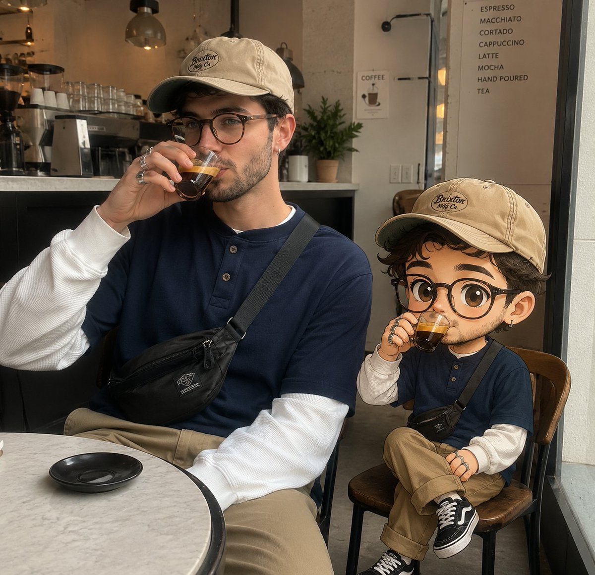 A realistic lifestyle photo inside a modern minimalist coffee shop. A stylish young man wearing a beige vintage baseball AI photo prompt example