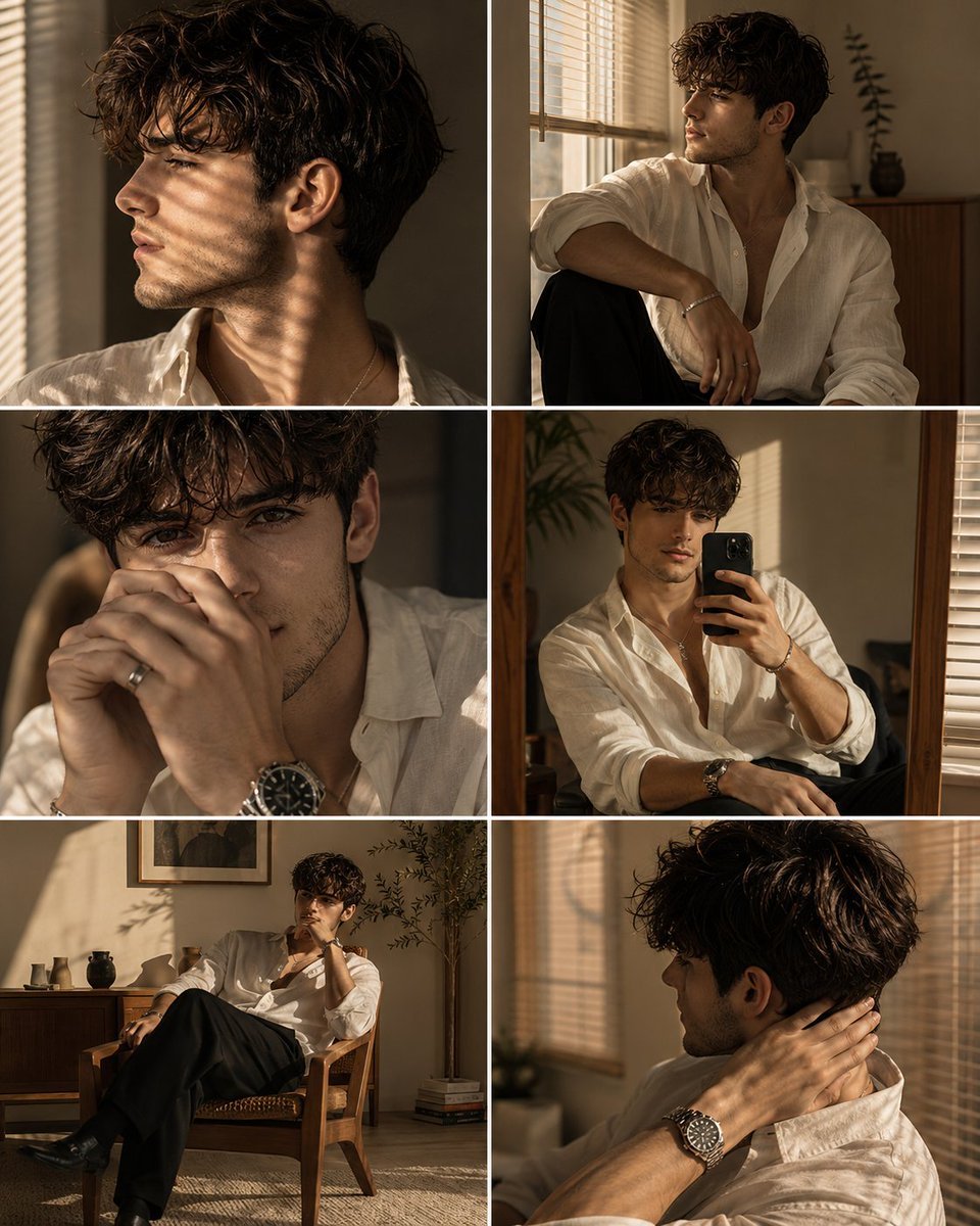 Ultra realistic luxury men's fashion editorial collage featuring the same handsome young man in six different cinematic AI photo prompt example