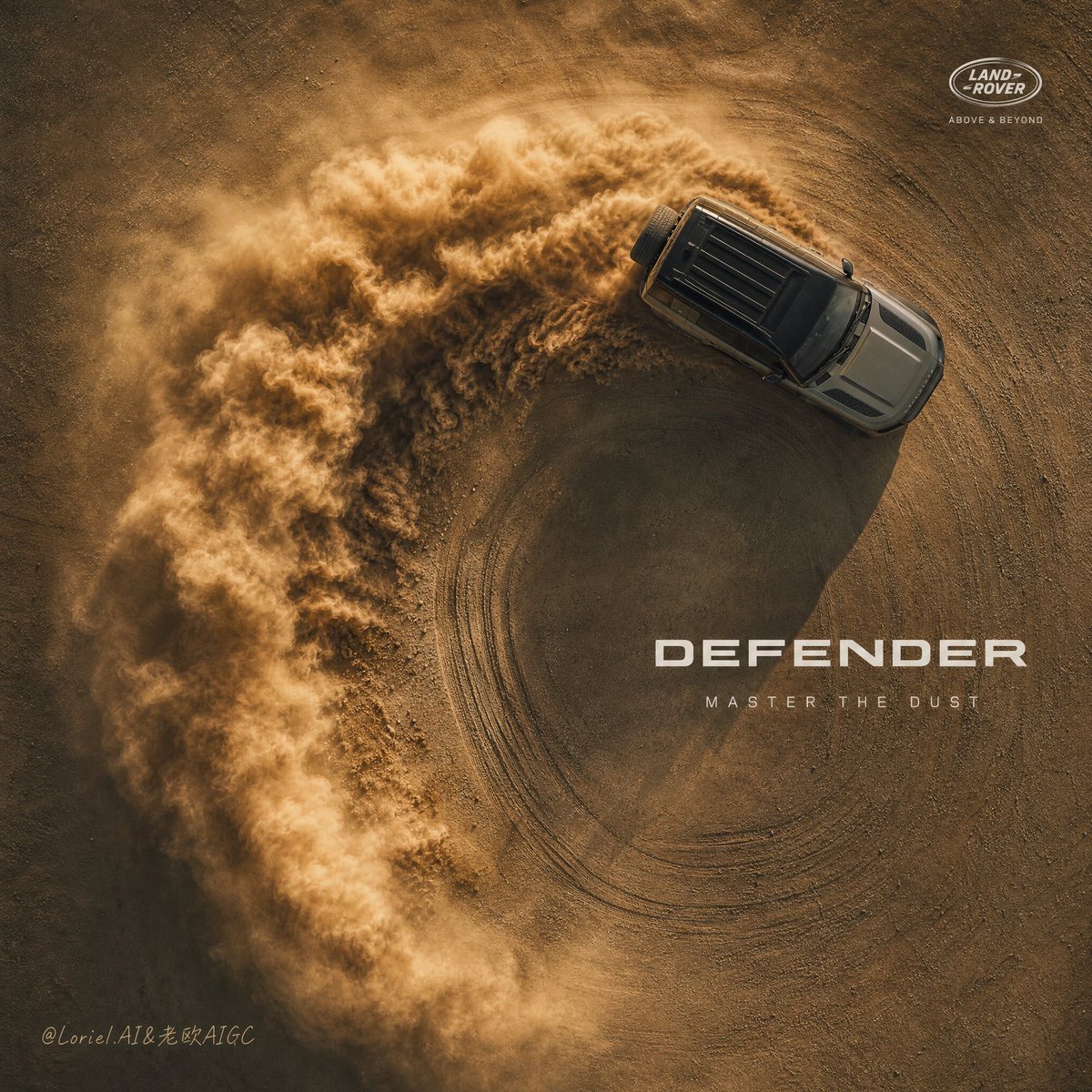 Create an ultra-premium cinematic campaign image for the **Land Rover Defender**, designed as a **same-series top-down a AI photo prompt example