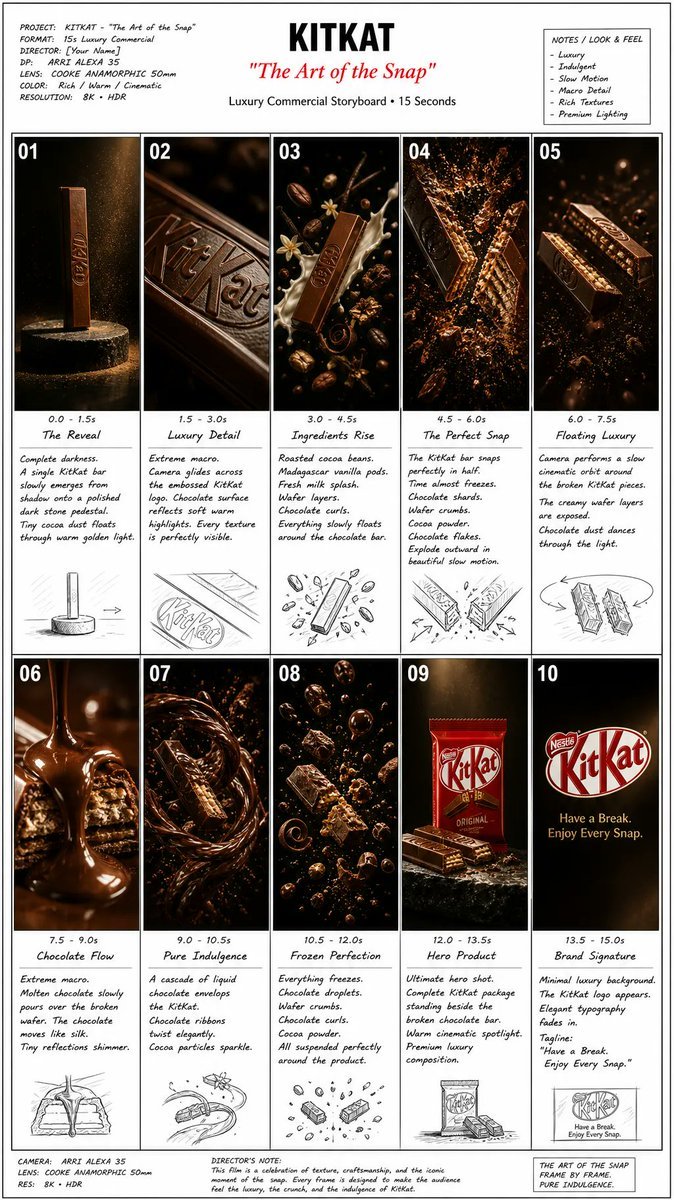 One professional commercial storyboard presentation showing 10 — AI photo prompt example