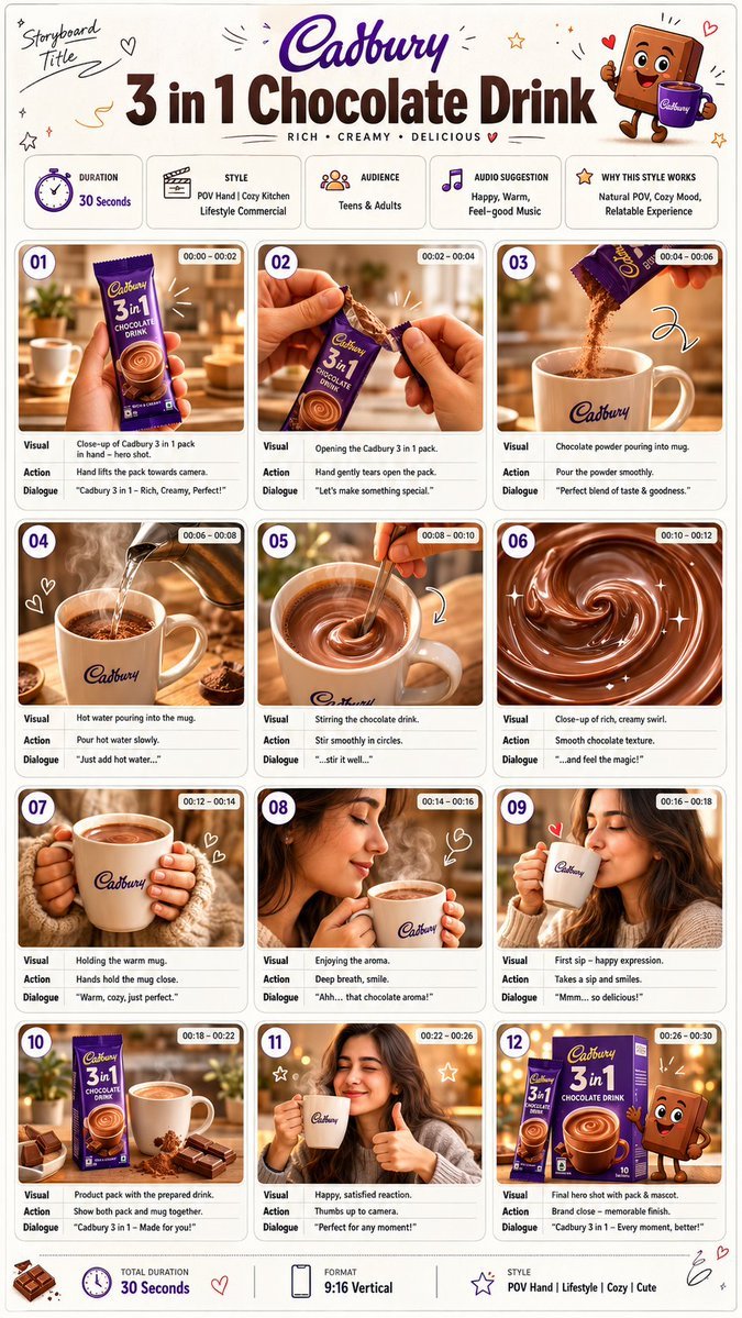 TItle: Cadbury 3 in 1 Chocolate Drink Format: • Premium commercial — AI photo prompt example