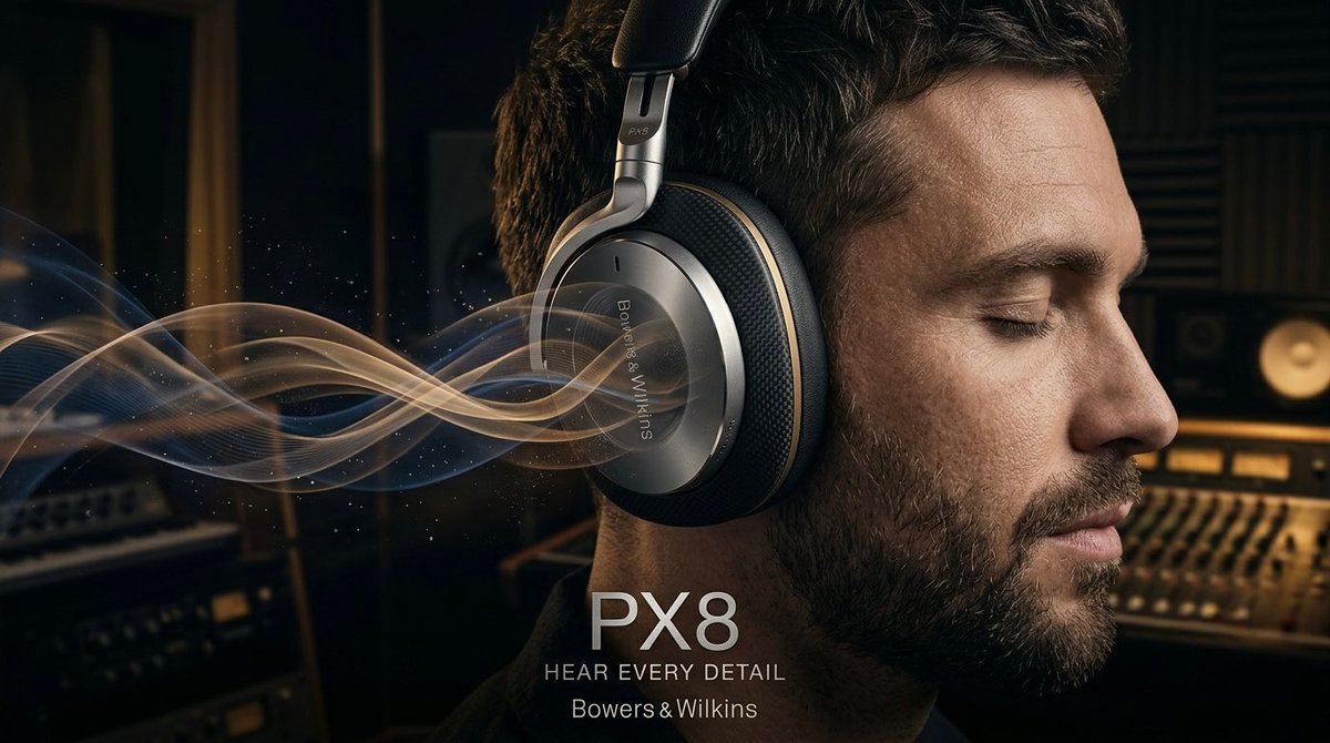 Ultra-premium cinematic advertising poster for Bowers & Wilkins Px8 AI photo prompt example