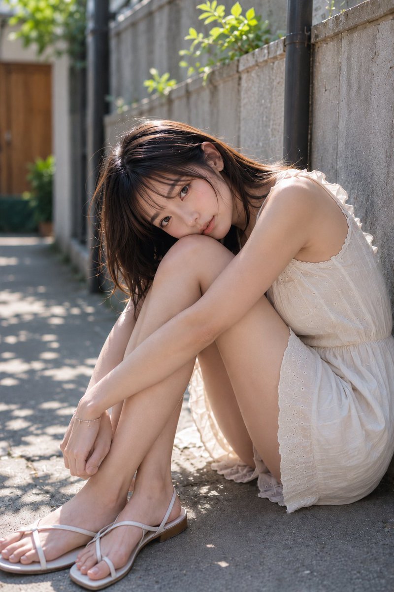 主題: 膝越しの夏光 主体: 静かな住宅街の細い路地で、コンクリート壁にもたれるように地面へ座る成人女性を一人、縦長構図で描く。人物は画 — AI photo prompt example