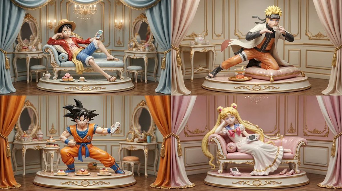 2x2 grid, do this for 4 famous mangas, 16:9 Opulent 3D porcelain AI photo prompt example