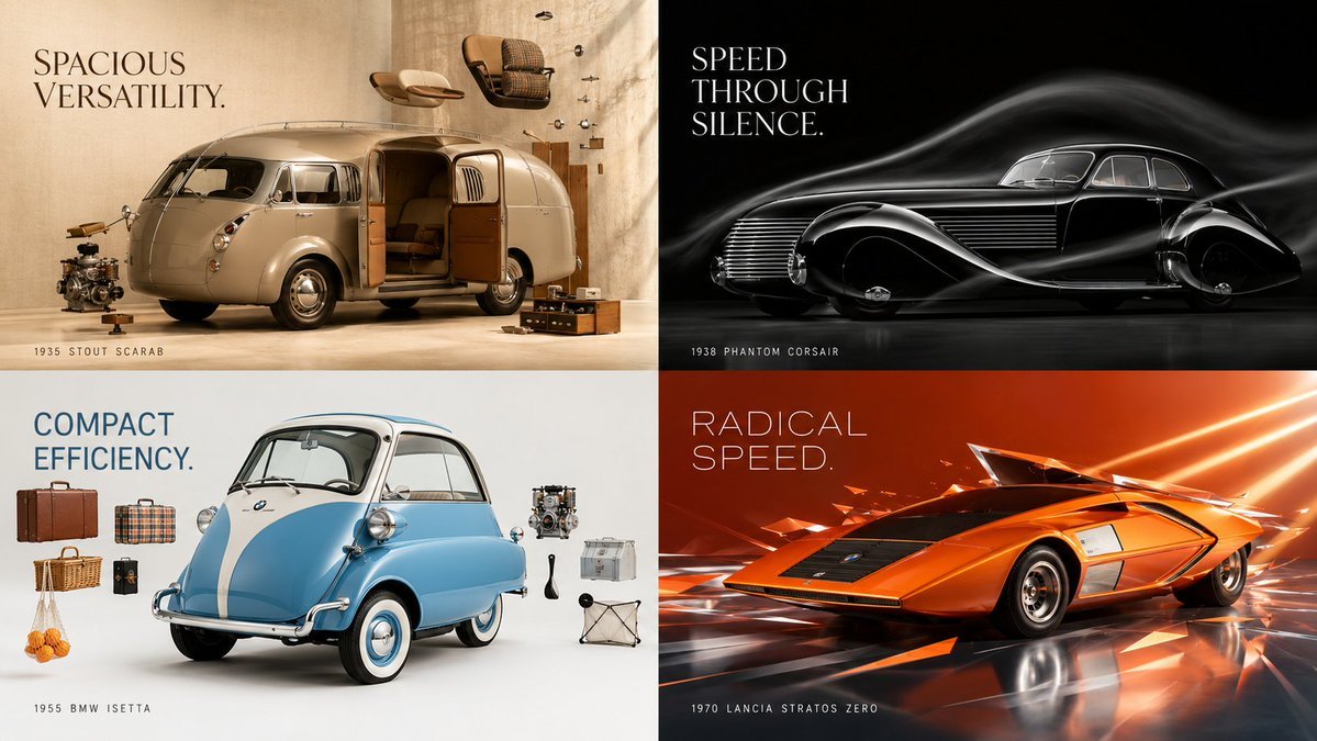 2x2 grid, 16:9, do this for unusual classic cars that existed — AI photo prompt example