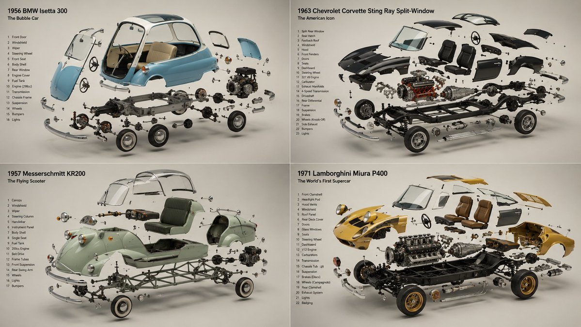 2x2 grid, 16:9, do this for 4 unusual classic cars that were real: INPUT ::= [Product] STEP_1 :: infer the components - AI photo prompt example