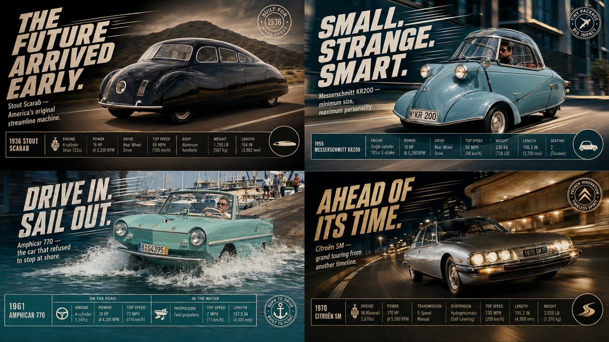 2x2 grid, do this for 4 classic unusual cars that were real: class — AI photo prompt example