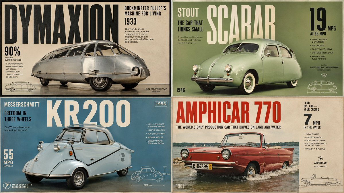 2x2 grid, 16:9, do this for 4 unusual classic cars that were real AI photo prompt example