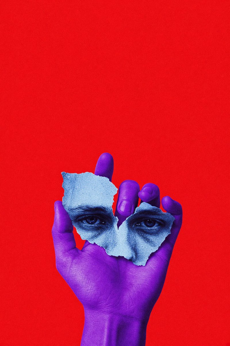 A flat bright red poster background with nothing else in it. From the bottom of the frame a violet purple hand rises, pa AI photo prompt example