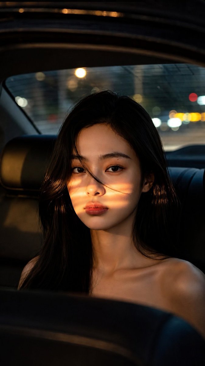 A cinematic, photorealistic close-up portrait of a young East Asian woman sitting in the back seat of a car at night. Sh AI photo prompt example
