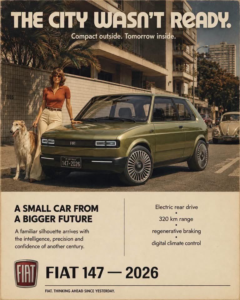 Alternate-history vintage automobile advertisement, as if photographed and printed in [ERA], featuring a radically moder AI photo prompt example