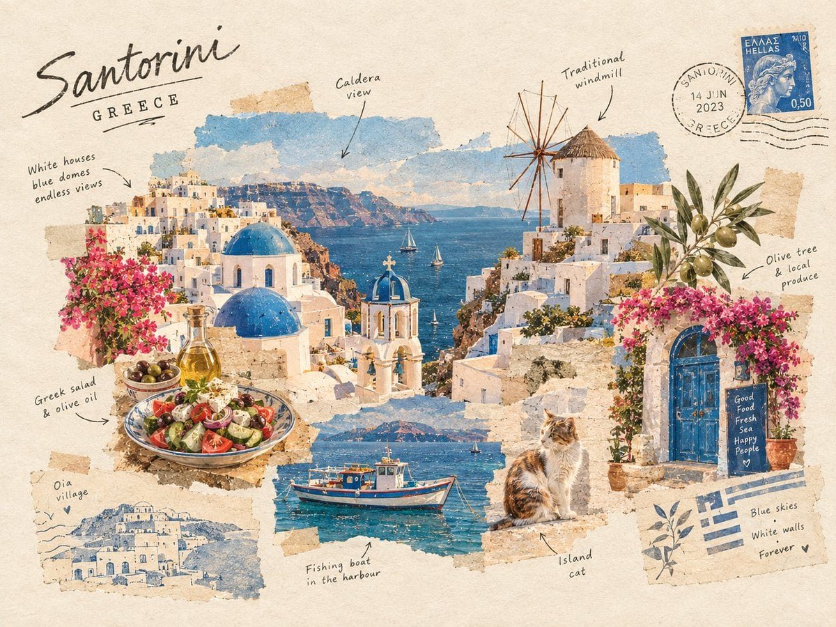 Create a charming handmade travel collage representing [City Name]. AI photo prompt example