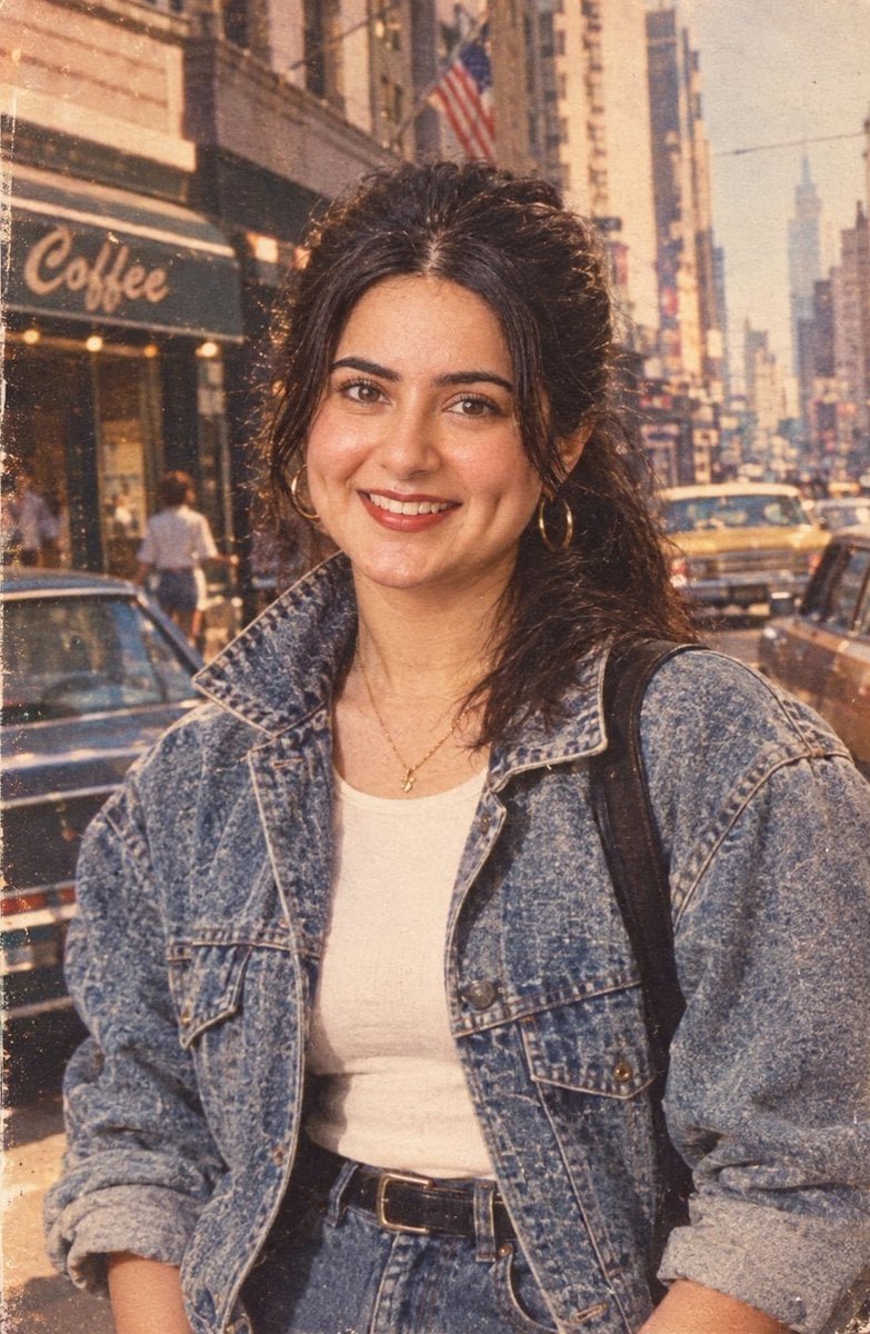 Transform my uploaded photo into a realistic authentic 1980s photograph. Keep my exact face, facial features, identity, AI photo prompt example